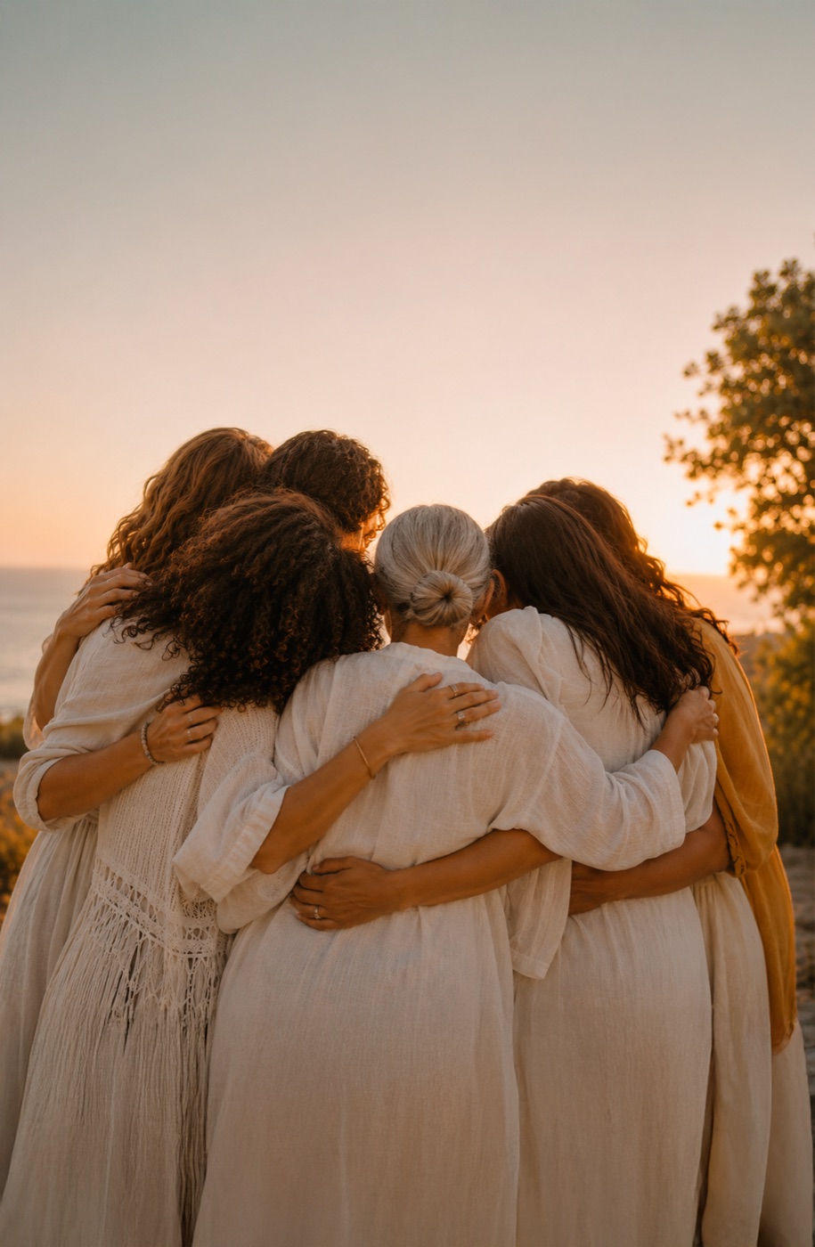 Mujeres acompañándose en un abrazo al atardecer, símbolo del encuentro y la contención